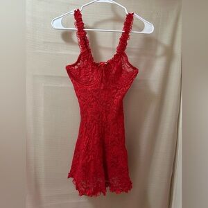 Vintage 90s Inner Most Red Lace Slip Dress – Ruffled Straps & Rose Detail Small